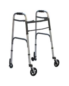 Deambulatore fisso pieghevole con due ruote grandi piroettanti e due puntali con sistema di bloccaggio