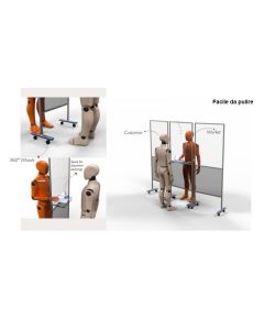 Pannello di protezione in alluminio e plexiglass su ruote.