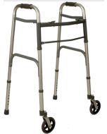 Deambulatore fisso pieghevole con due ruote grandi piroettanti e due puntali