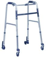 Deambulatore fisso pieghevole con due ruote piroettanti e due ruote con sistema di bloccaggio